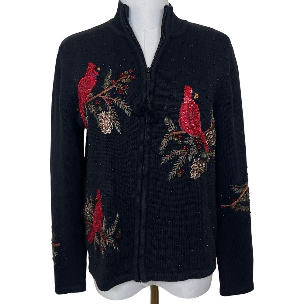 Vintage Tiara International Christmas Cardinal Bird Beaded Sequin Zip‎ Sweater S